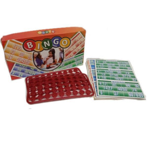 Bingo caja naranja. Fichas plasticas con cartones