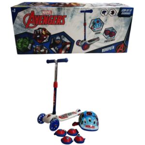 Monopatin 3 ruedas invertidas con kit de proteccion Avengers. Soporta hasta 35 kg
