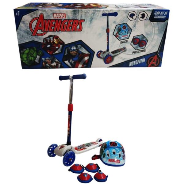 Monopatin 3 ruedas invertidas con kit de proteccion Avengers. Soporta hasta 35 kg