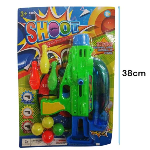 Pistola lanza bolas 559A. Trae 4 bolas y 3 bolos para jugar al blanco