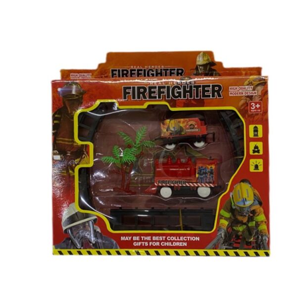Pista de tren bomberos a pila con vagon. Armada 32.5 x44.5cm
