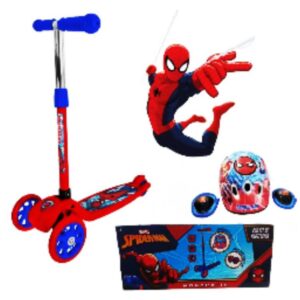 Monopatin 3 ruedas invertidas con kit proteccion Spiderman. Soporta hasta 35kg