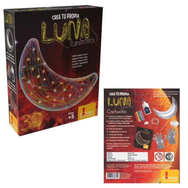 Crea tu Luna luminosa. Infla el globo , pega los hilos, deja secar y luego retira el globo. Agrega las luces y listo