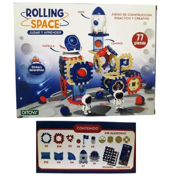 Juego de obstaculos Rolling Space, Tiene 77 piezas dentro de las cuales hay 2 muñecos y 1 nave