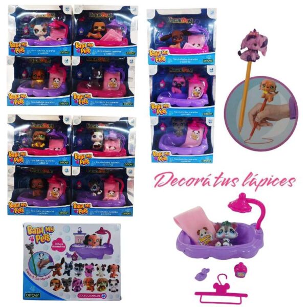 Bath my pets- Perritos de colección con accesorios para bañarlo , se pueden usar como accesorios en la punta de los lápices.