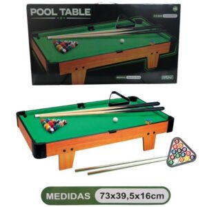 Mesa de pool. Medida 73 x 39,5 x 16cm. Trae 2 tacos , 1 triangulo , 16 bolas y 1 tiza.