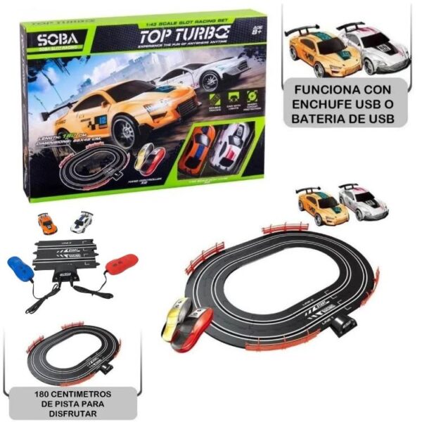 Pista de autos Soba Con carga USB. Trae 2 autos de 10cm . Pista de 180cm. Dimensiones: 66x48cm