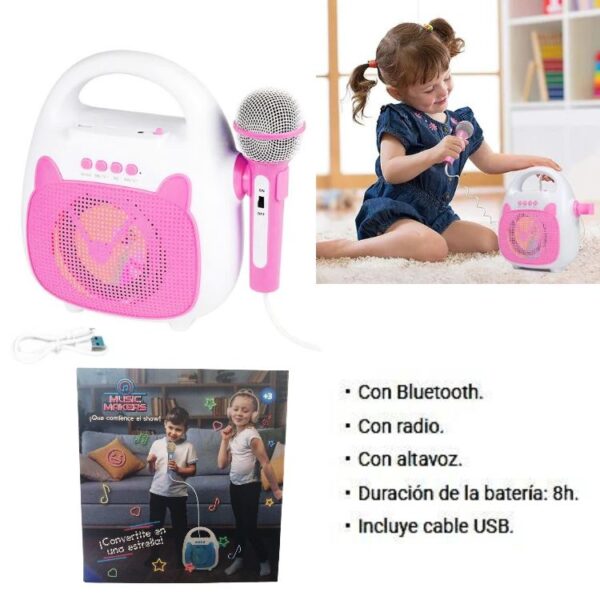 Parlante con microfono rosa para karaoke. Con Bluetooth, altavoz y radio. Recargable USB.