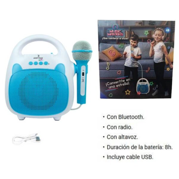 Parlante con microfono azul para karaoke. Con bluetooth , altavoz y radio. Recargable USB.