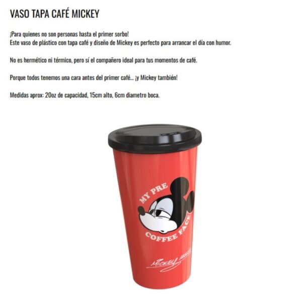 Vaso plastico con tapa 600cc Mickey D2 (rojo liso c/cara)