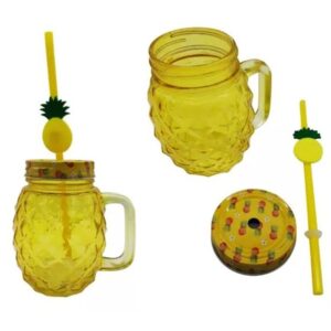 Vaso de vidrio con forma de anana, tapa a rosca decorado y sorbete con decoracion 500ml