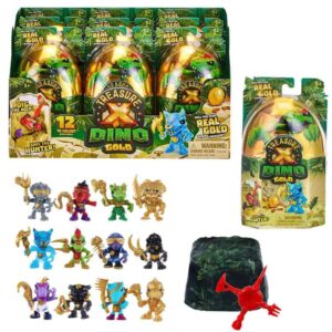Treasure X Dino Gold. Cada figura de acción de Mini Dino tiene brillo. Hay una posibilidad entre 18 de encontrar un tesoro bañado en oro real. Contiene : 1 personaje + arma, 1 bloque para excavar , 1 mapa, 1 esfera, 1 herramienta y 1 tesoro
