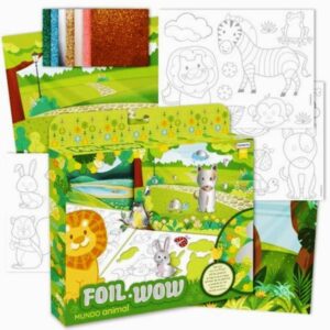Foil Wow Mundo Animal. Trae 5 planchas con figuras troqueladas autoadesivas . 50 hojas de foil metalizado y 6 escenarios para jugar
