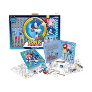 Valija de arte Sonic. Contiene stickers, hojas, fibras, lápices, goma, sacapuntas y sellito.