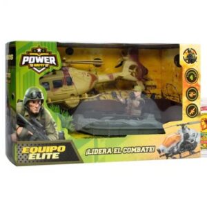 Set militar caja con gomón, helicoptero y soldado. Caja 25cm x 15cm