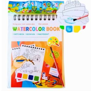 Libreta con 8 laminas dibujadas para pintar con la acuarela que está en esta. Trae un pincel.