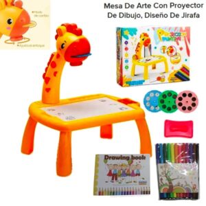 Mesita de dibujo con proyector , luces y sonido. Trae 24 diseños, 12 fibras y una libretita de hojas.Caja 30 x 24cm