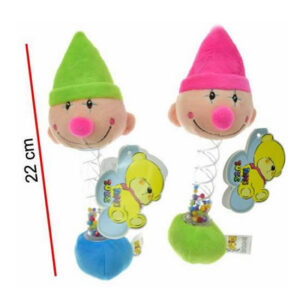 Sonajero de peluche payaso 22 cm.  Agarre plástico transparente .