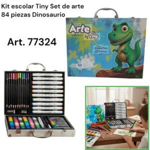 Valija Set arte 77324 Dinosaurio. Trae 84 piezas. Acuarelas, fibras, lapices, pasteles al óleo y accesorios.