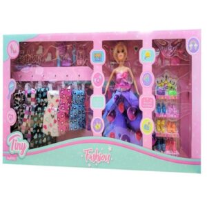 Muñeca tiny fashion. Trae accesorios, vestidos y zapatos. Caja 66cm x 32cm