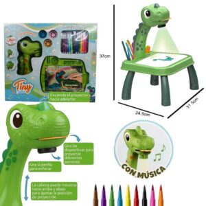 Mesita de dibujo con proyector, luce y sonido Dino. Trae 24 diseños y 12 fibras.