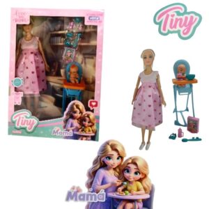 Muñeca Tiny Mamá con bebé , sillita para comer y accesorios 77433