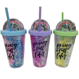 Vaso 450 ml con frase y arco iris en la tapa