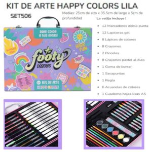Valija Arte 094 Lila Footy. Trae marcadores, lapiceras, lápices , crayones. acuarelas, pinceles, goma, sacapuntas.regla y 1 cuaderno A5