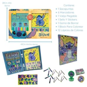 Valija de arte Stitch. Contiene 1 sacapuntas, 6 marcadores, valija plegable, sello, stickers, goma de borrar, block para colorear y 12 lapices de colores.