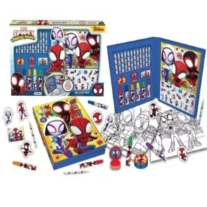 Valija de arte Spiderman. Contiene stickers, hojas, fibras, lápices, goma, sacapuntas y sellito.