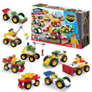 Rasti autos camiones de 100 piezas.Se puede armar 15 modelos de vehículos de a uno por vez.Incluye 1 muñeco y 4 ruedas de goma