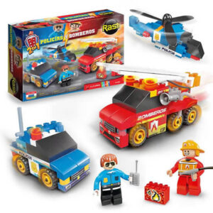 Rasti policía y bomberos de 130 piezas.Incluye 2 muñecos con accesorios y 1 nodo inteligente de fuego para jugar con la app.