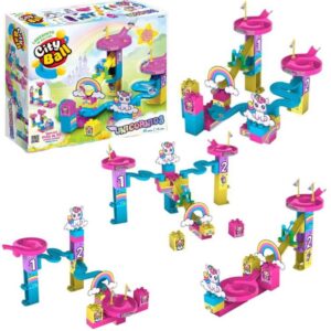 Juego de obstaculos. Laberinto de bolitas City ball Unicornios. Con tobogan, espirales y zig zag. 35 piezas