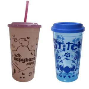 Vaso con tapa celeste/ rosa