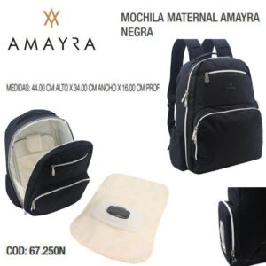 Mochila Amayra Maternal 017. Contiene cambiador, bolsillos con compartimientos para mamaderas y un bolsillo con caja de plastico para toallitas húmedas.