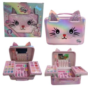 Maquillaje Tiny Valija con espejo, pinceles, sombras, labiales esmaltes y accesorios de uñas