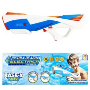 Pistola agua electrica con luces. Trae 1 pila de litio de 3.7 v, incluye cable usb. Disparo manual y automático