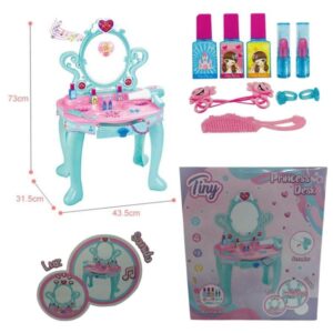 Tocador Tiny. Tiene luz y sonido. El secador utiliza 1 pila AA. Trae accesorios .