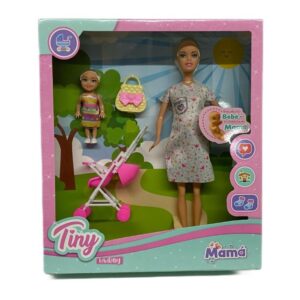 Muñeca tiny mamá, con bebé y accesorios. Caja 32 cm x 28 cm.
