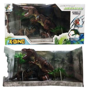 Dinosaurio T-Rex con luz y sonido. Articulaciones movibles . Trae 2 dinosaurios más pequeños y 1 árbol.