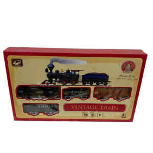 Pista de tren vintage a pila con 3 vagones. Armada 105 x67cm