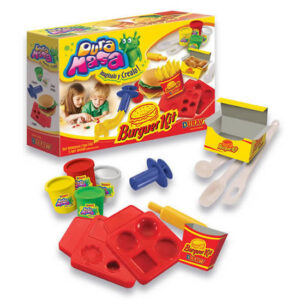 Kit de masa burguer. Contiene 2 placas modes,2 cajitas de cartón,palo de amasar,jeringa,herramientas y 4 potes de masa