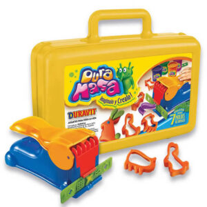 Kit de masa en valija.Contiene extrusora con planchitas,moldes de animalitos,herramientas,palo de amasar,jeringa y 4 potes de masa