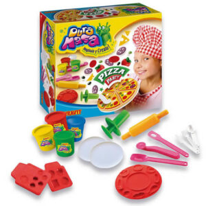 Kit de masa pizza party.Contiene 3 placas molde,2 platos,herramientas,jeringa,palo de amasar,cubiertos y 4 potes de masa