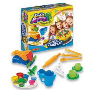Kit de masa feliz cumple.Contiene extrusora con plantillas,jeringa,cubiertos,palo de amasar,2 base de cupcake de papel,2 tazas con sus platos,2 teteras,y 4 potes de masa