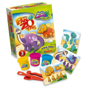 Kit de masas panzotas dinosaurio.Contiene 3 moldes troquelados en cartòn,herramientas y 3 potes de masa