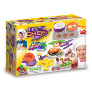 Kit de masa junior chef.Contiene anafe,herramientas,cubiertos,platos,1 olla,2 sartenes,1 colador,palo de amasar,espatula 4 potes de masa