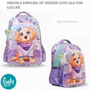 Mochila 18 pulgadas Doggie Footy con 5 lapiceras de regalo y luz led