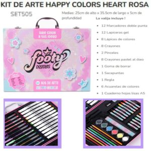 Valija arte 117 Rosa Footy. Trae marcadores, lapiceras, lápices , crayones. acuarelas, pinceles, goma, sacapuntas.regla y 1 cuaderno A5