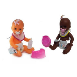 Bebe de goma ojos movibles con mamadera y pelela